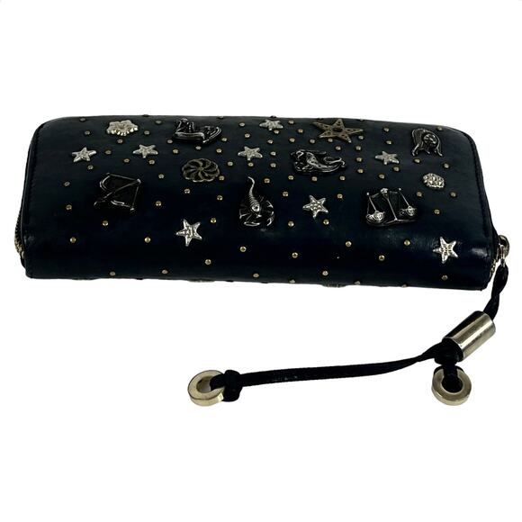 Jimmy Choo Long Wallet Zodiac Studded Zip Black Leather Clutch Purse Authentic - Picture 4 of 15